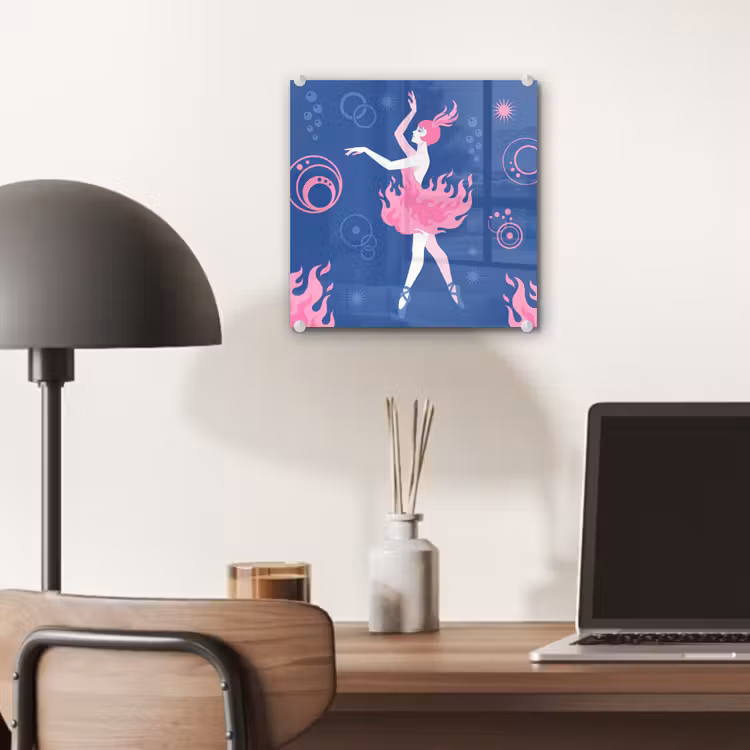 Glas schilderij - Danseres - Vlammenrok - Abstract - Roze - Blauw — 7