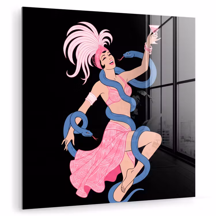 Glas schilderij - Vrouw - Danseres - Slangen - Art Deco - Roze — 1