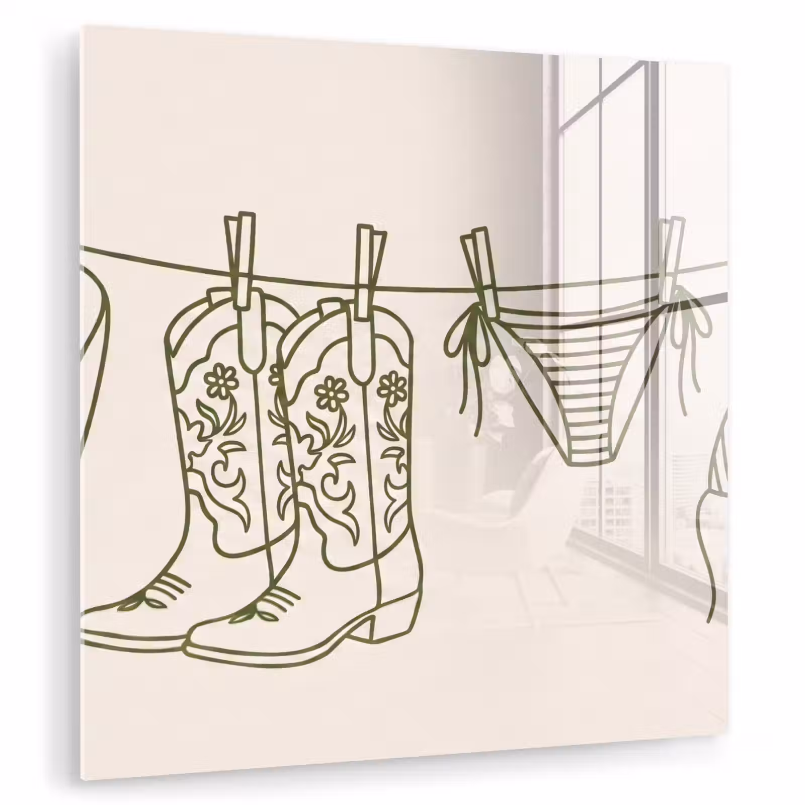 Glas schilderij - Kleding - Waslijn - Zomer - Lijntekening - Groen — 1