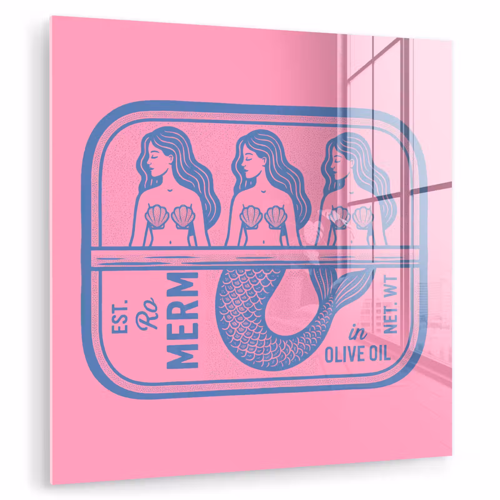 Glas schilderij - Meermin - Sardineblik - Illustratie - Roze - Retro — 1