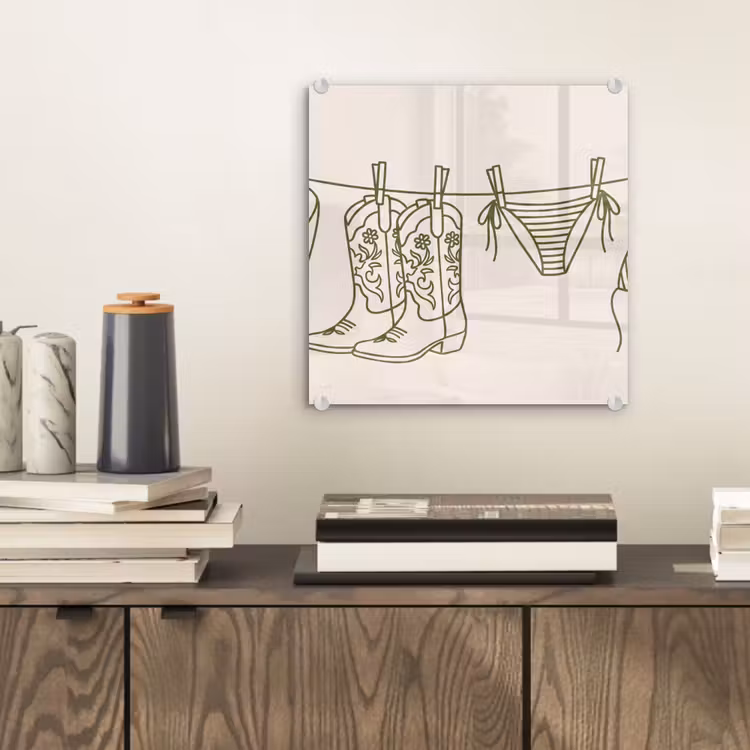 Glas schilderij - Kleding - Waslijn - Zomer - Lijntekening - Groen — 2
