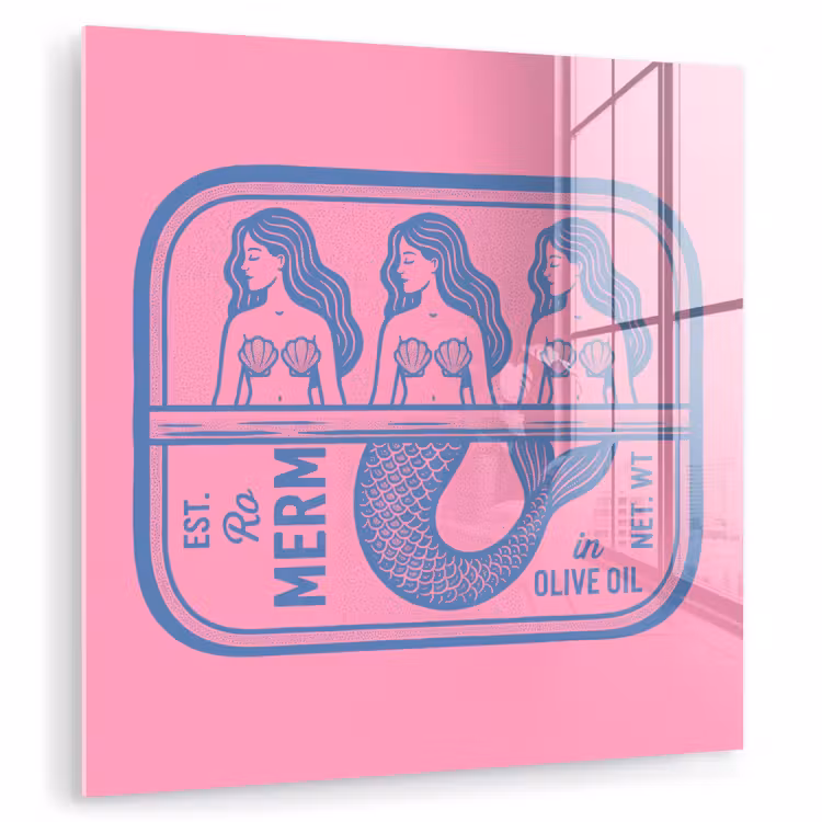 Glas schilderij - Meermin - Sardineblik - Illustratie - Roze - Retro — 1