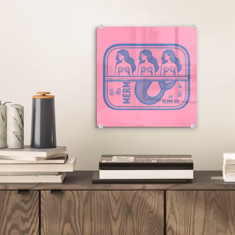 Glas schilderij - Meermin - Sardineblik - Illustratie - Roze - Retro — 2