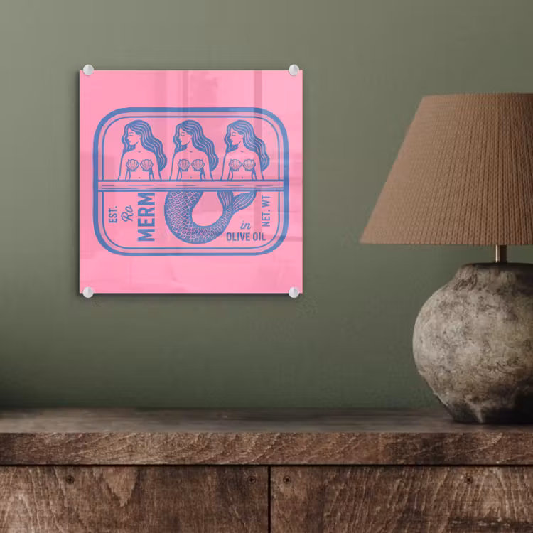 Glas schilderij - Meermin - Sardineblik - Illustratie - Roze - Retro — 4