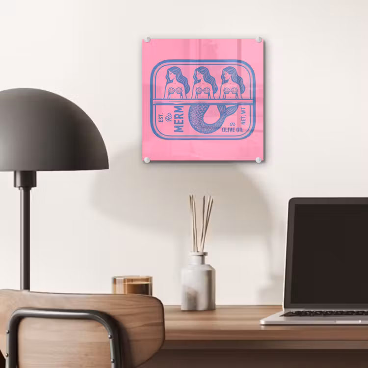 Glas schilderij - Meermin - Sardineblik - Illustratie - Roze - Retro — 7