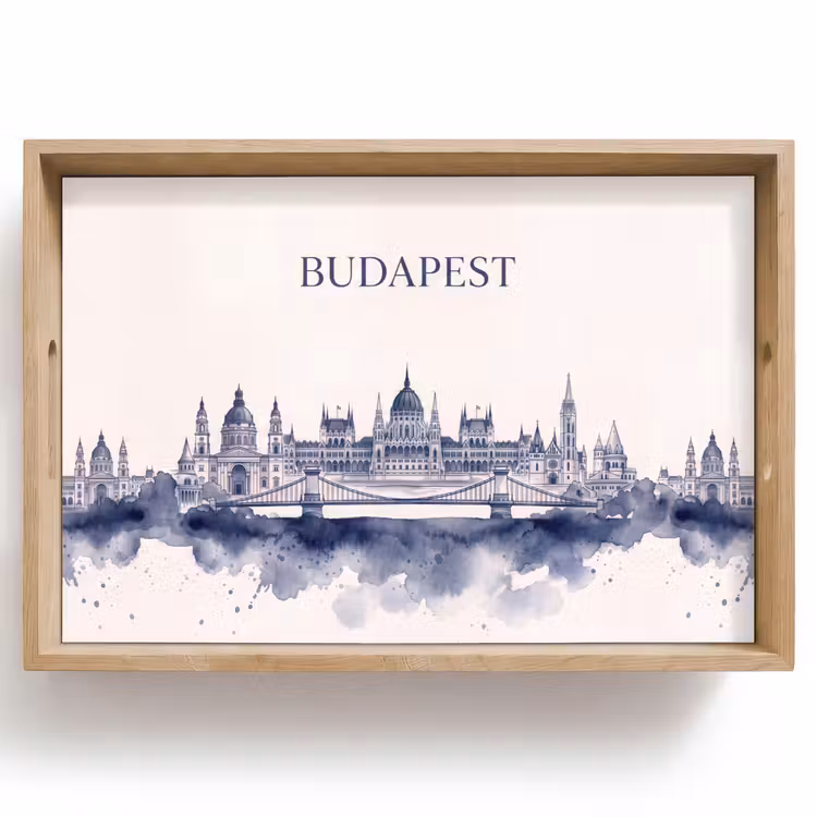 Dienblad - Boedapest - Skyline - Architectuur - Aquarel - Blauw — 1