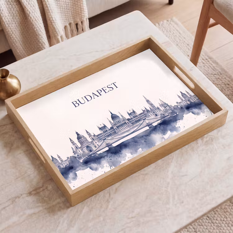 Dienblad - Boedapest - Skyline - Architectuur - Aquarel - Blauw — 2