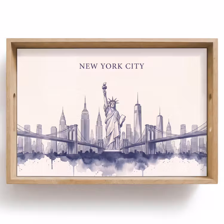 Dienblad - New York - Vrijheidsbeeld - Skyline - Illustratie - Blauw — 1