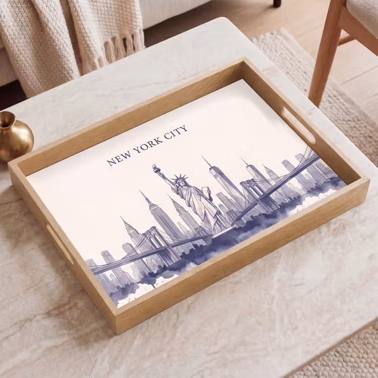 Dienblad - New York - Vrijheidsbeeld - Skyline - Illustratie - Blauw — 2
