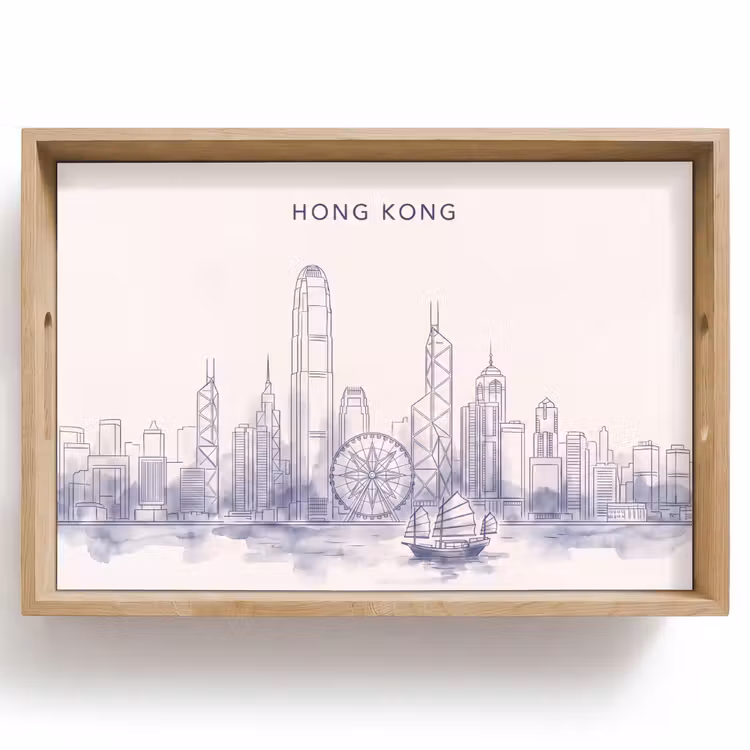 Dienblad - Stad - Skyline - Water - Lijntekening - Blauw — 1