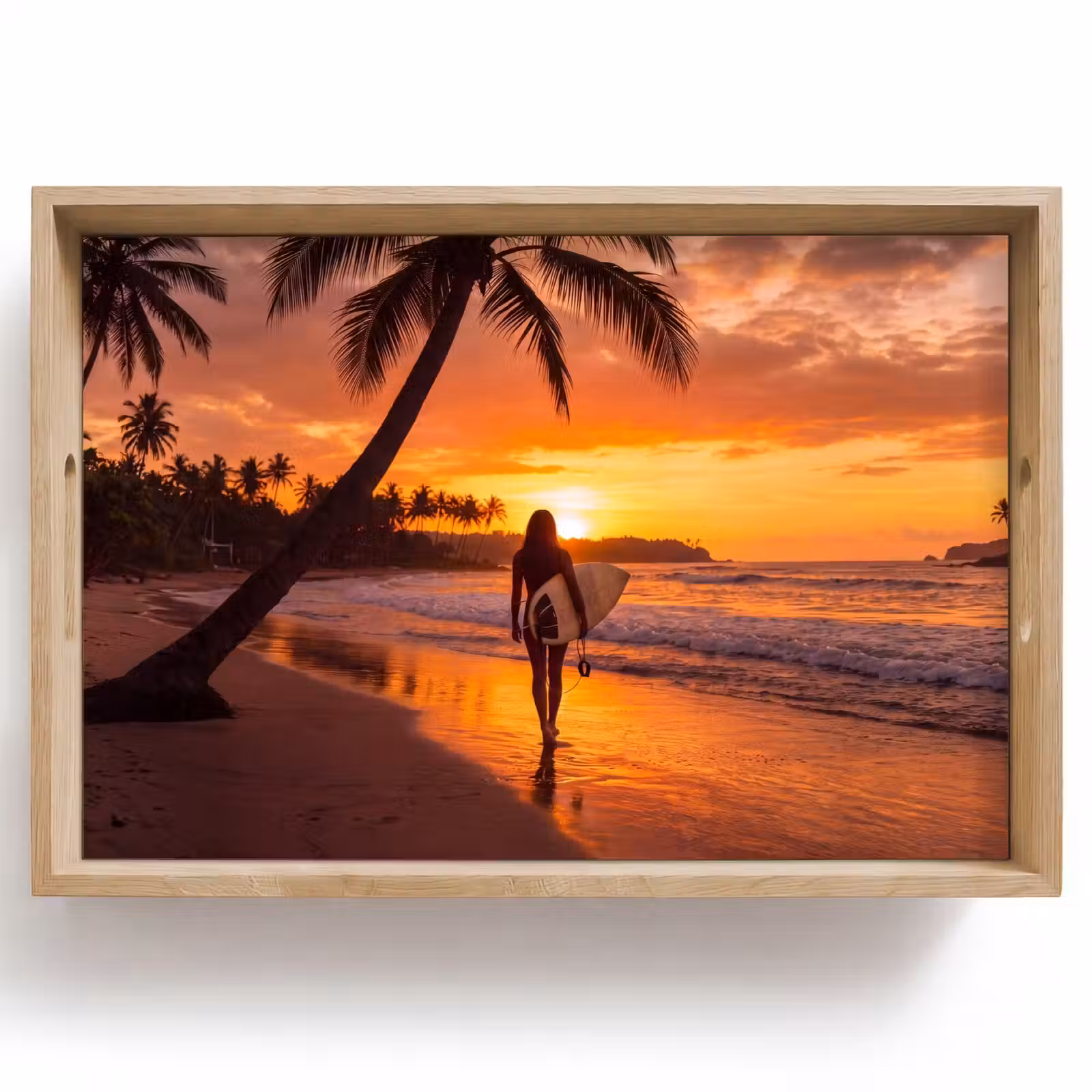 Dienblad - Vrouw - Surfplank - Strand - Zonsondergang - Oranje — 1