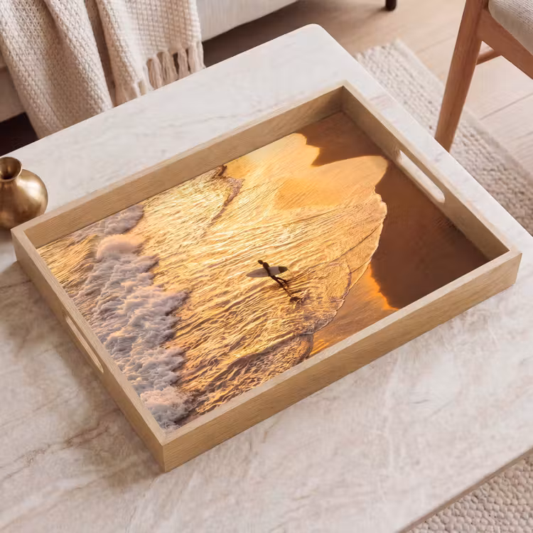 Dienblad - Surfer - Strand - Zonsondergang - Oceaan - Goud — 2