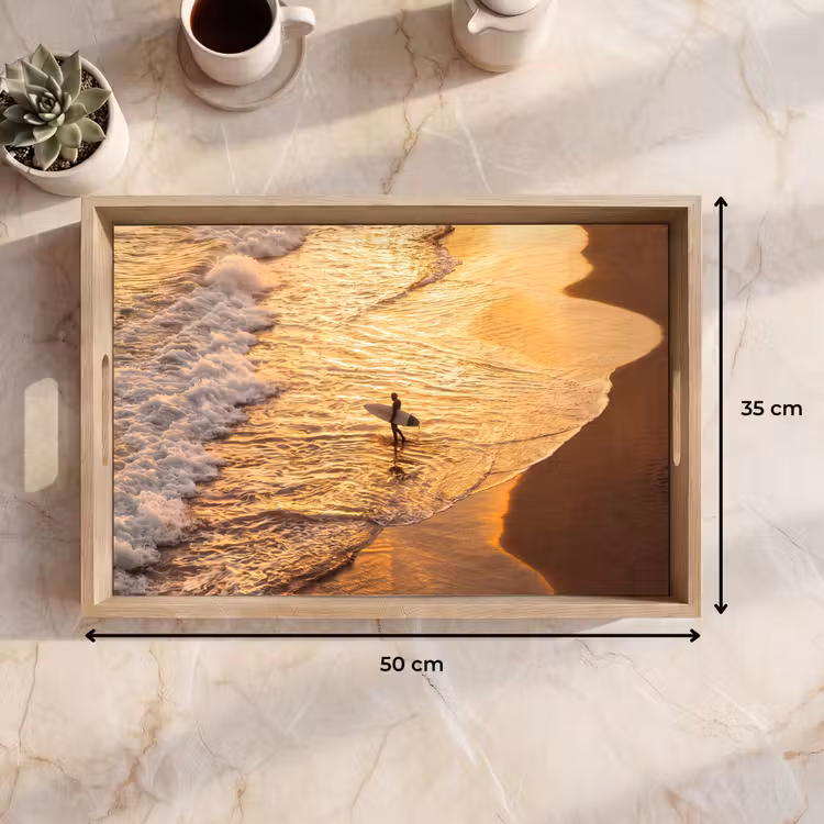 Dienblad - Surfer - Strand - Zonsondergang - Oceaan - Goud — 9