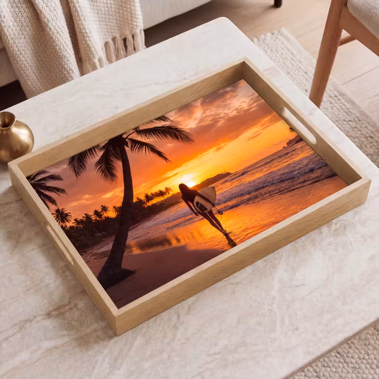 Dienblad - Vrouw - Surfplank - Strand - Zonsondergang - Oranje — 2