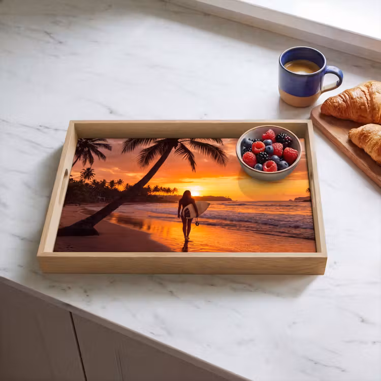 Dienblad - Vrouw - Surfplank - Strand - Zonsondergang - Oranje — 4