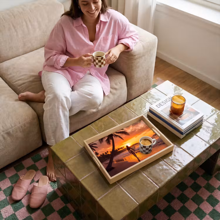 Dienblad - Vrouw - Surfplank - Strand - Zonsondergang - Oranje — 6