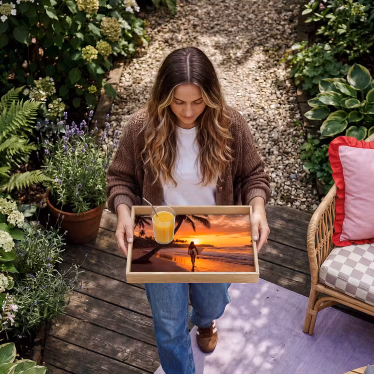 Dienblad - Vrouw - Surfplank - Strand - Zonsondergang - Oranje — 8