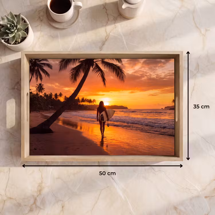 Dienblad - Vrouw - Surfplank - Strand - Zonsondergang - Oranje — 9
