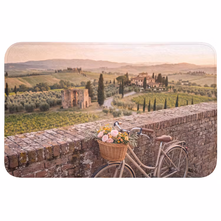 Wc Mat - Fiets - Bloemen - Toscane - Landschap - Roze — 1
