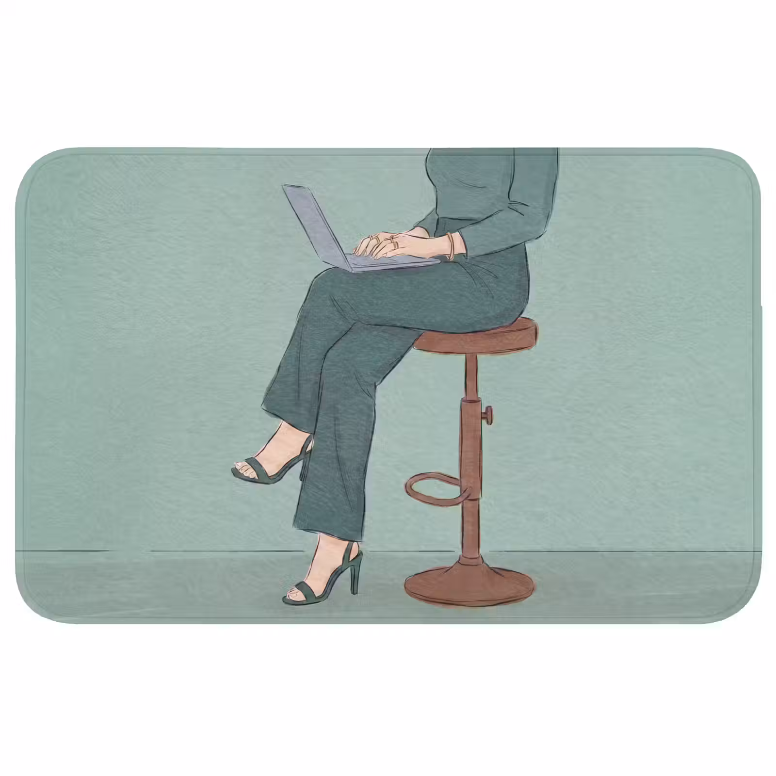 Wc Mat - Vrouw - Laptop - Zittend - Illustratie - Groen — 1