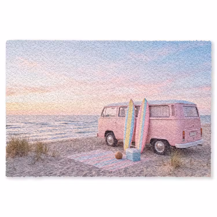 Vloerkleed - Busje - Strand - Surfplank - Zomer - Roze — 1