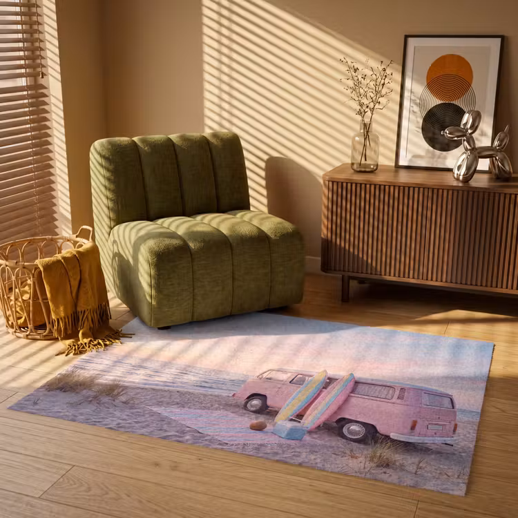 Vloerkleed - Busje - Strand - Surfplank - Zomer - Roze — 2