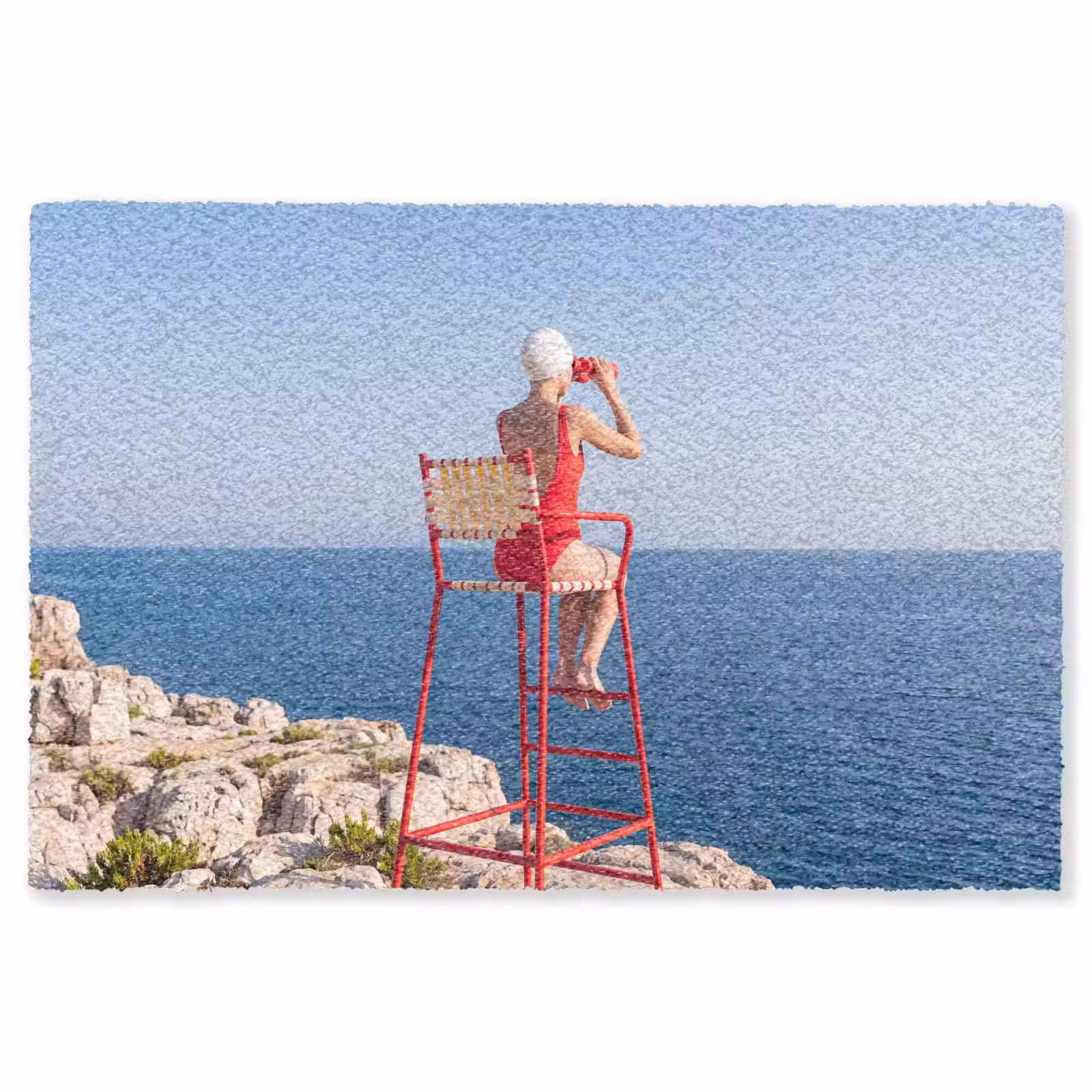 Vloerkleed - Vrouw - Zee - Kust - Verrekijker - Rood — 1