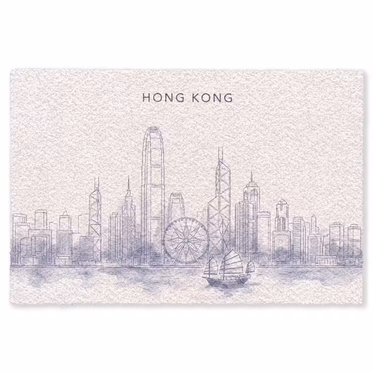 Vloerkleed - Stad - Skyline - Water - Lijntekening - Blauw — 1