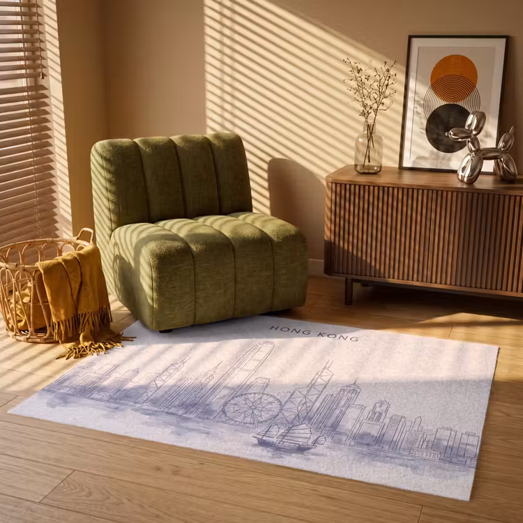 Vloerkleed - Stad - Skyline - Water - Lijntekening - Blauw — 2