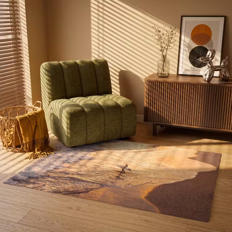 Vloerkleed - Surfer - Strand - Zonsondergang - Oceaan - Goud — 2