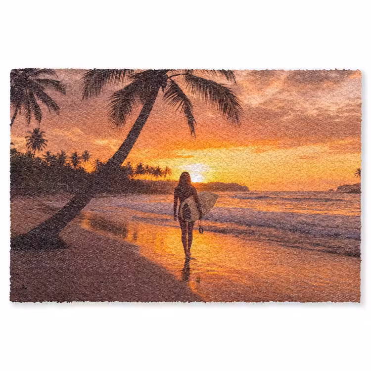 Vloerkleed - Vrouw - Surfplank - Strand - Zonsondergang - Oranje — 1