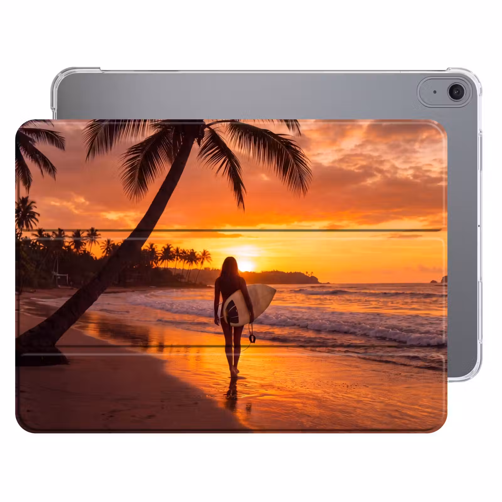 iPad hoes - Vrouw - Surfplank - Strand - Zonsondergang - Oranje — 1