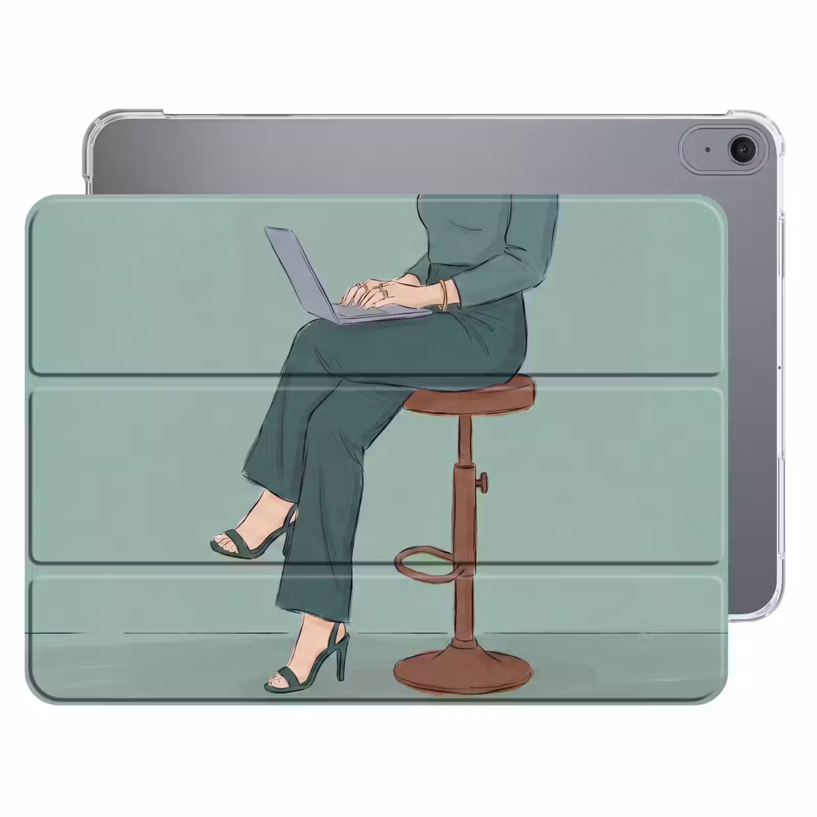 iPad hoes - Vrouw - Laptop - Zittend - Illustratie - Groen — 1