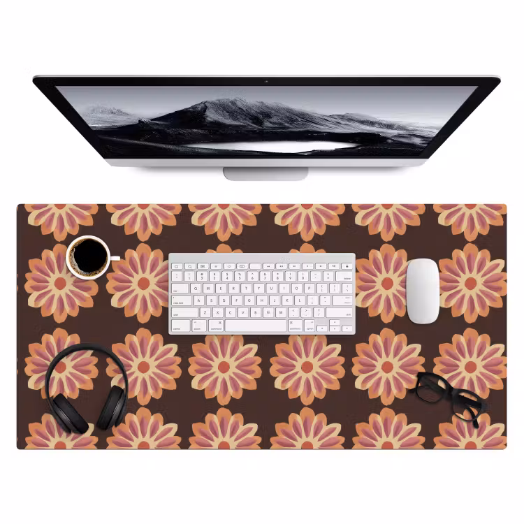 Bureau onderlegger - Retro Bloemen Patroon Bruin — 4