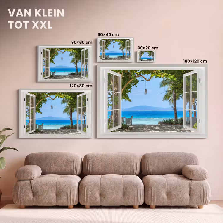 Canvas schilderij - Doorkijk - Boom - Zee - Palmboom - Heuvels - Strand - Blauw — 8