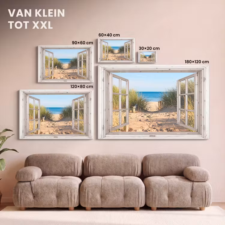 Canvas schilderij - Doorkijk - Strand - Zee - Duinen - Zand - Water - Helmgras — 8