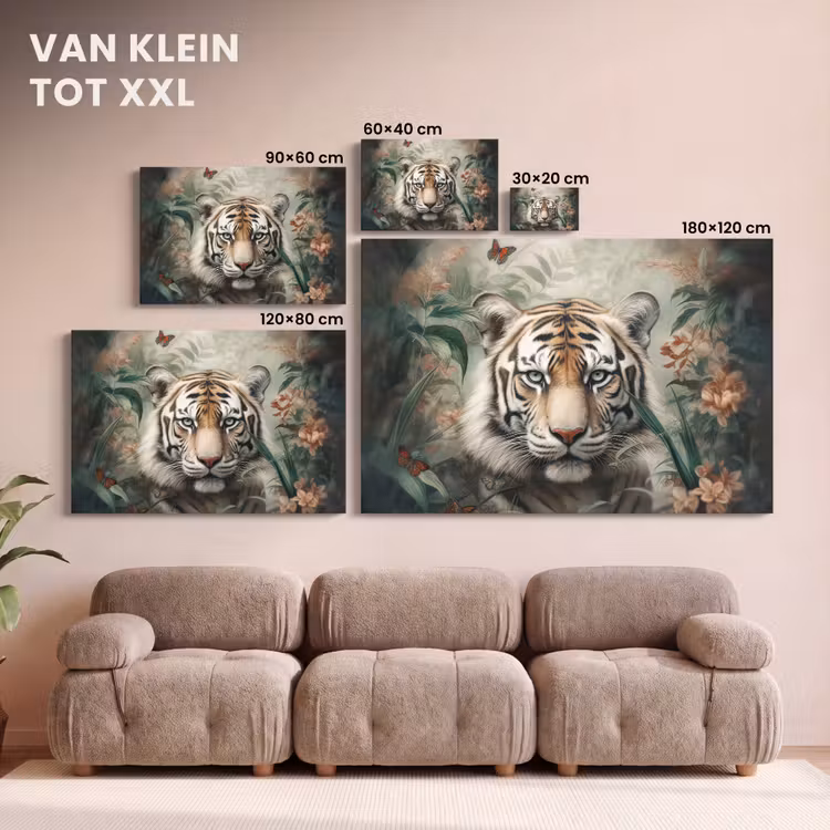 Canvas schilderij - Tijger - Vlinders - Dieren - Jungle - Bloemen — 8
