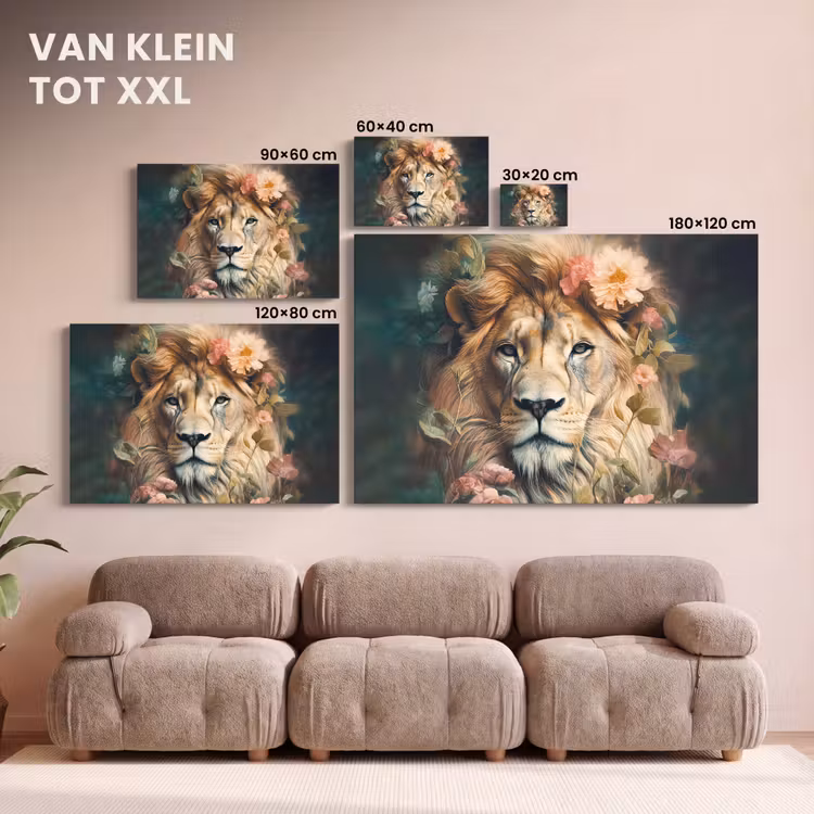 Canvas schilderij - Leeuw - Leeuwenkop - Wilde dieren - Bloemen — 8