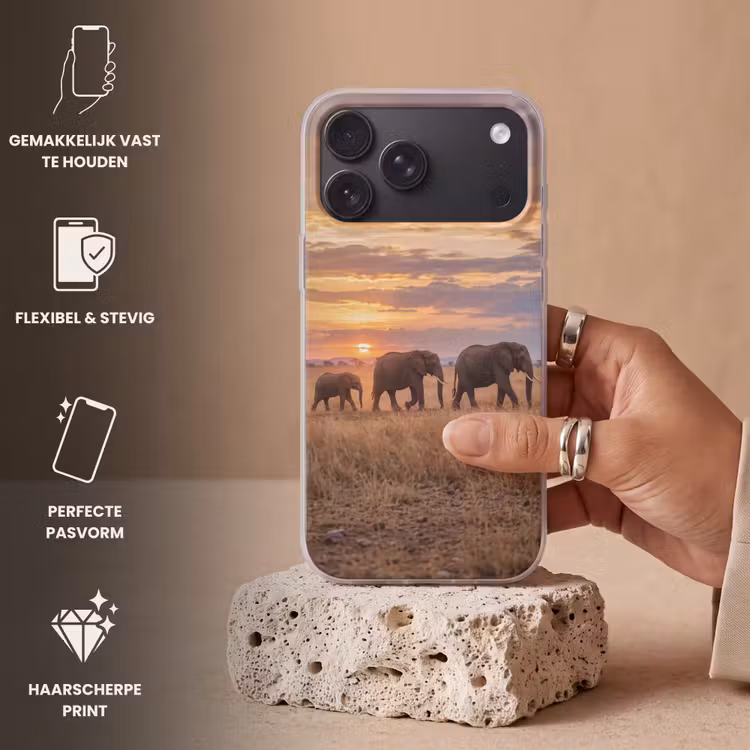 Telefoonhoesje Softcase - Olifanten - Savanne - Zonsondergang - Afrika - Warm — 4