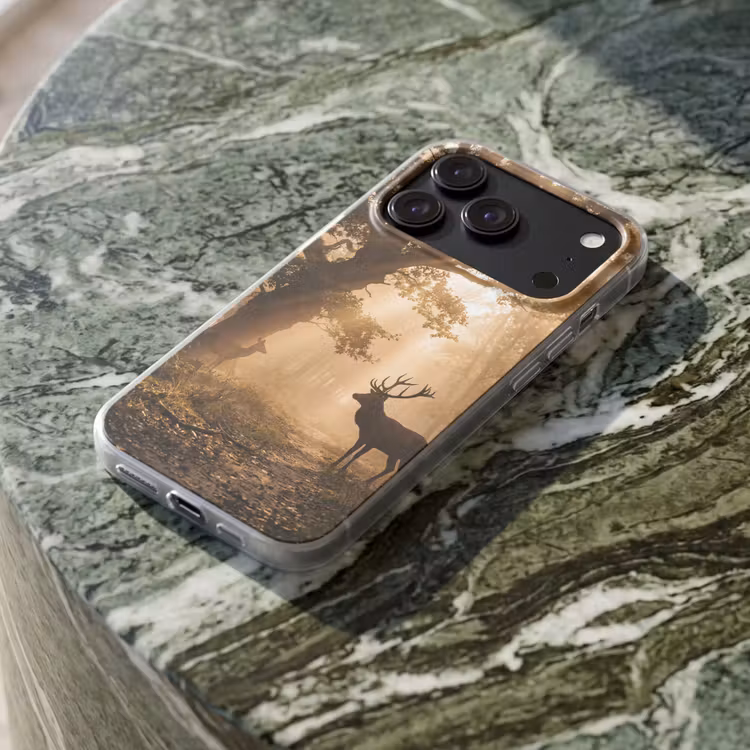 Telefoonhoesje Softcase - Hert - Bos - Mistig - Natuur - Goud — 3