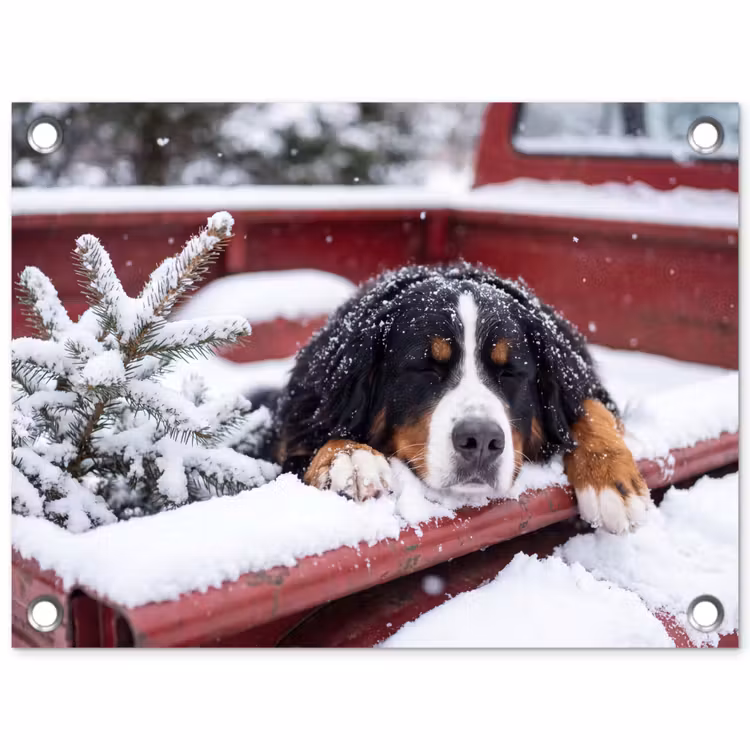Tuinposter - Hond - Rode vrachtwagen