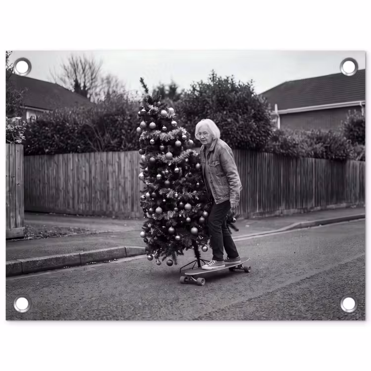 Tuinposter - Vrouw - Skateboard - Kerst