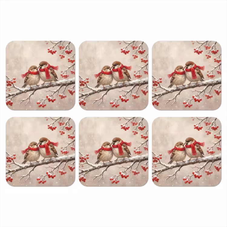 Onderzetter​ - Vogels - Winter - Rood