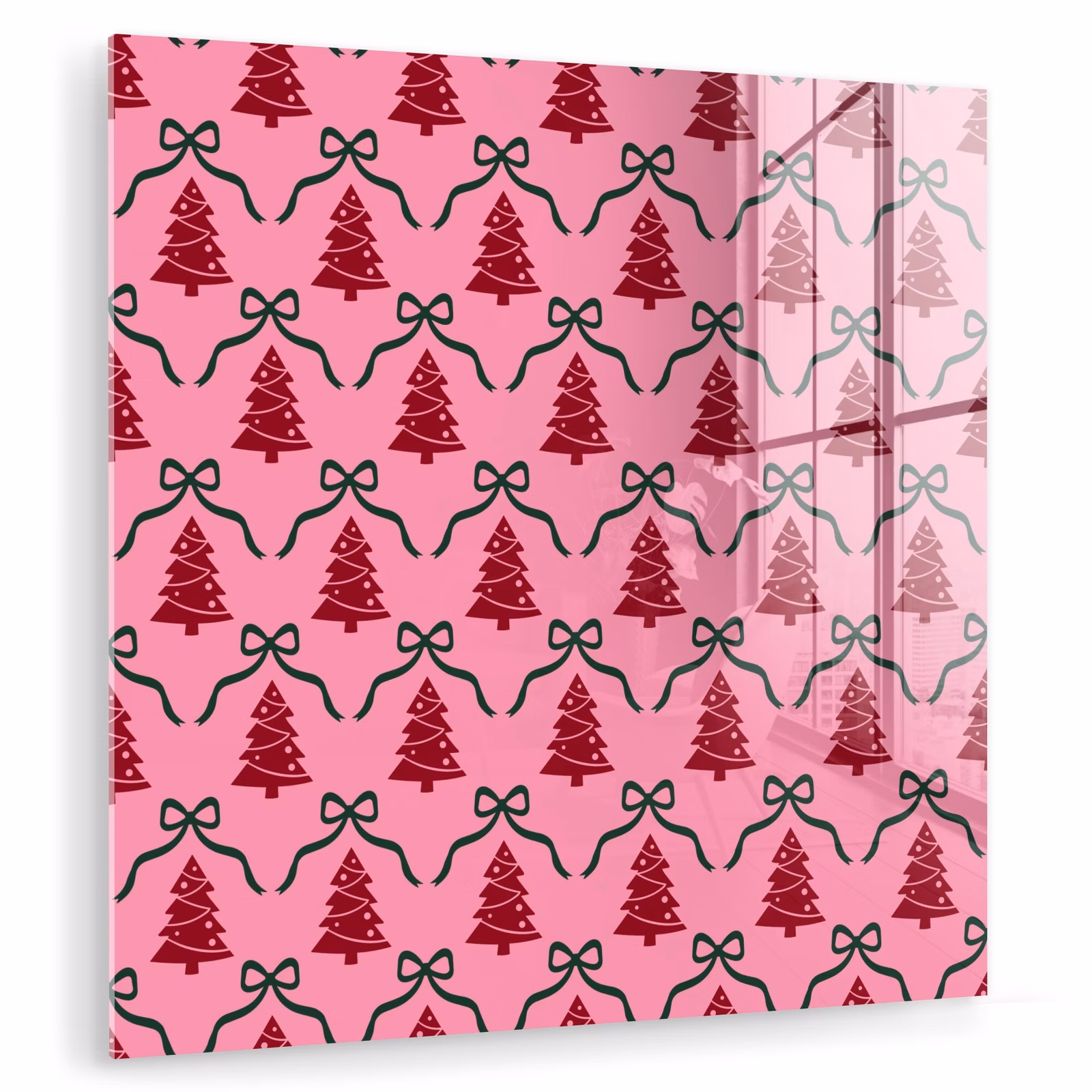 Glas schilderij - Kerst - Rood - Groen - Strik — 1