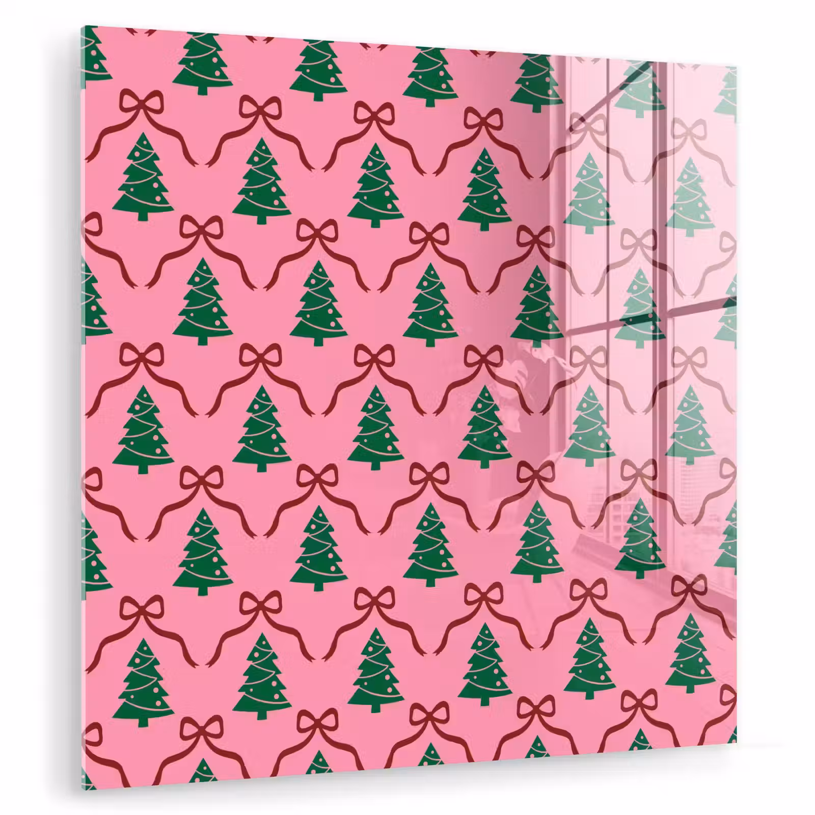 Glas schilderij - Kerst - Roze - Rood - Strik — 1