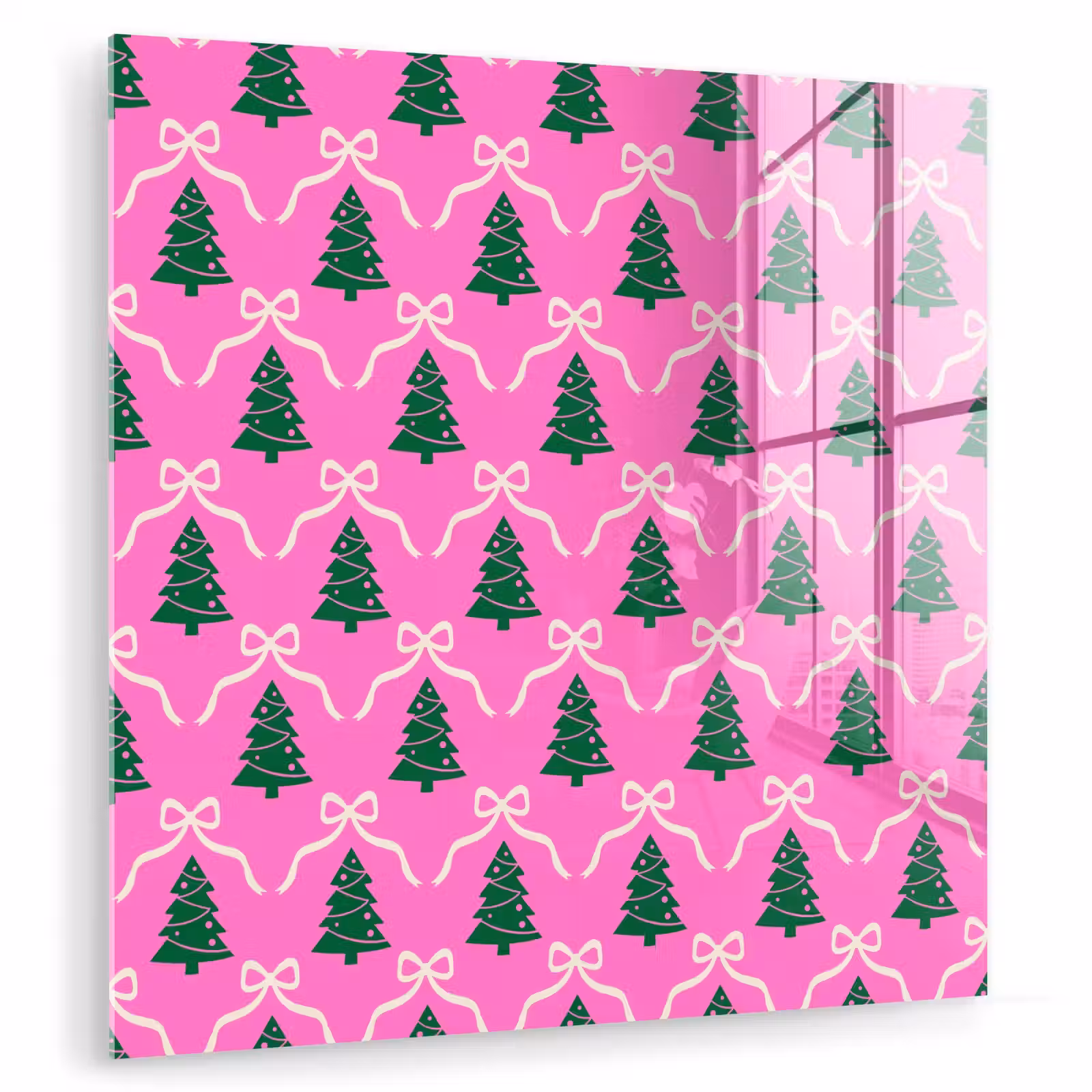 Glas schilderij - Kerst - Roze - Wit - Strik — 1