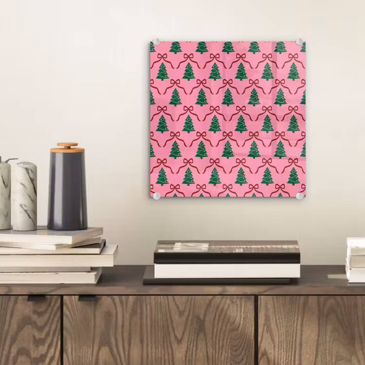Glas schilderij - Kerst - Roze - Rood - Strik — 2