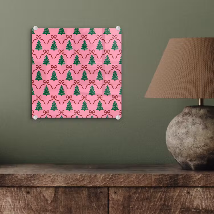 Glas schilderij - Kerst - Roze - Rood - Strik — 4