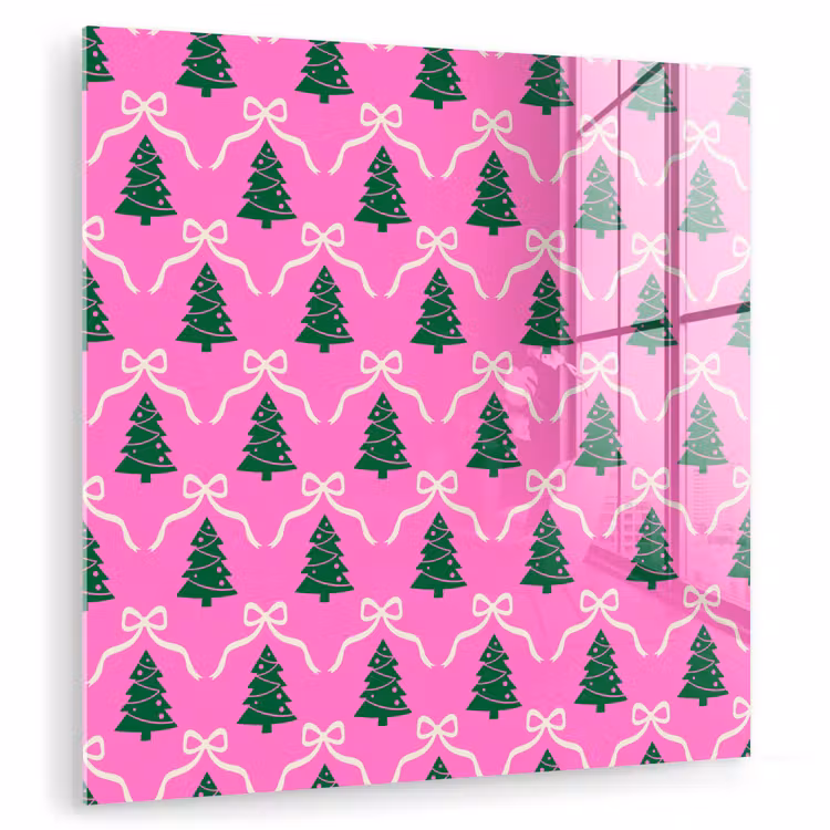 Glas schilderij - Kerst - Roze - Wit - Strik — 1
