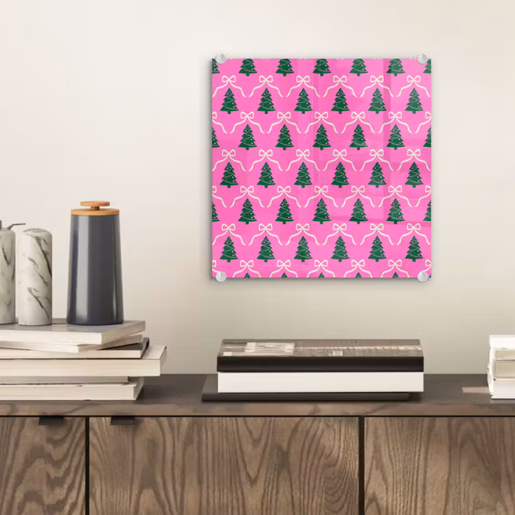 Glas schilderij - Kerst - Roze - Wit - Strik — 2